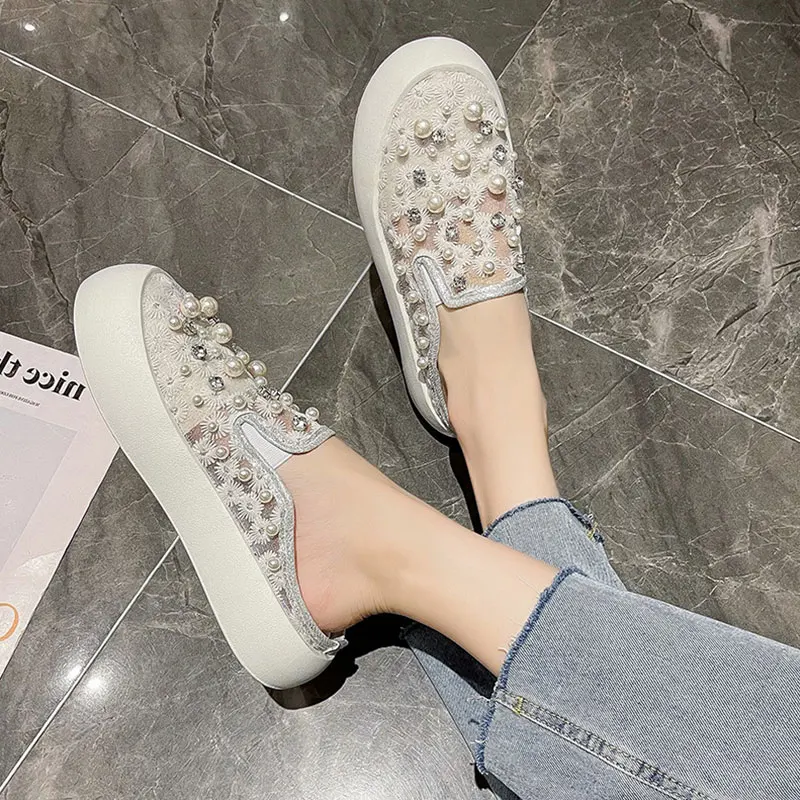

Shoes Slippers Flat Slides Platform Slipers Women Fashion String Bead Cover Toe Low 2021 Luxury Summer Rubber PU Fabric Cotton