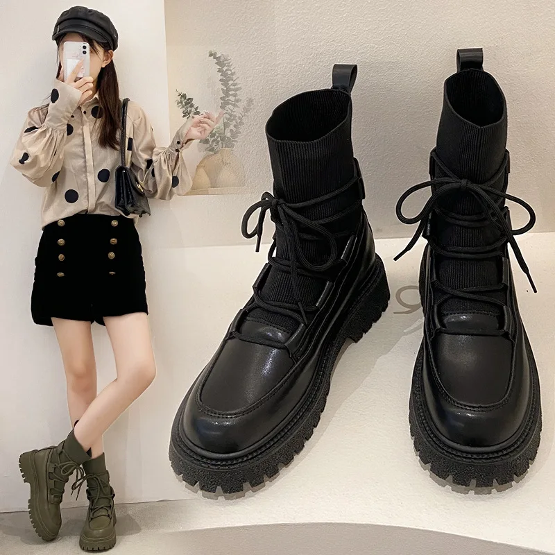 

Женские ботинки Martin 2021, Женские повседневные эластичные тканевые ботинки-носки, модная женская обувь с перекрестной шнуровкой, Полуботинки...