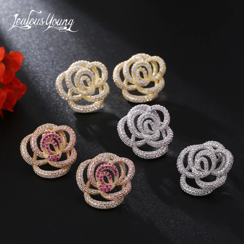 

Brilliant Elegane Big Flower Stud Earrings for Women Gold Color Red Zirconia Studs Earring Fashion Jewelry Brincos