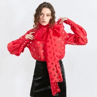 polka dot womens shirt blouse lantern long sleeve casual shirts female autumn fashion new elegant bowknot shirts