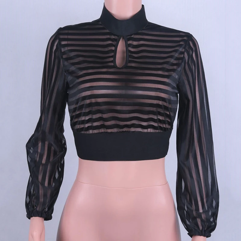 Sexy Cropped Shirts Women Autumn See-Through Sheer Mesh Long Puff Sleeve Blouses Fashion Party Club Striped Top | Мужская одежда