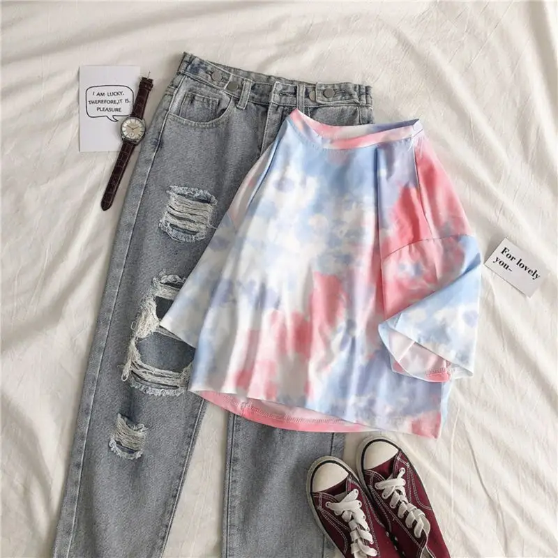 Женская свободная футболка с коротким рукавом градиентная Туника оверсайз в