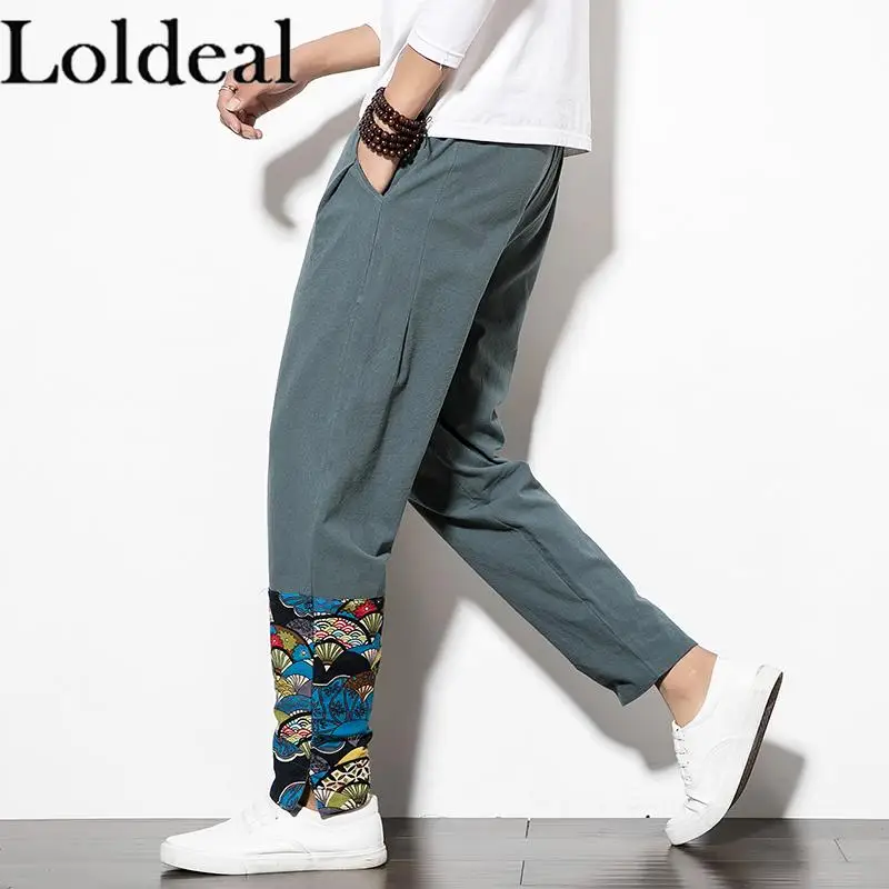 

Loldeal Stitching Printed Long Pants Chinese Style Loose Casual Cotton Comfort