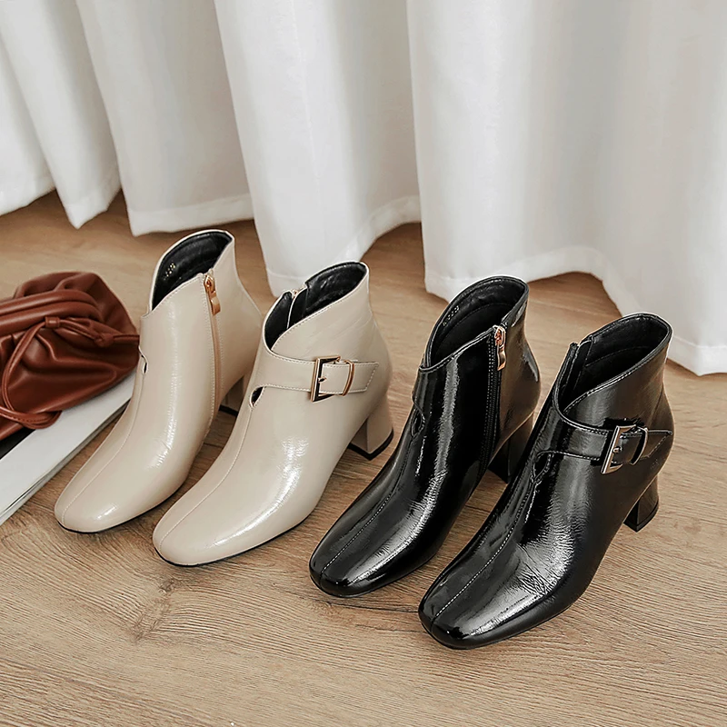 

Hjwsfdcai Belt Buckle Women Plush Fur High Heel Shoes Square Toe Zipper Ladies Patent Leather Ankle Boots Shoes For Women Heels