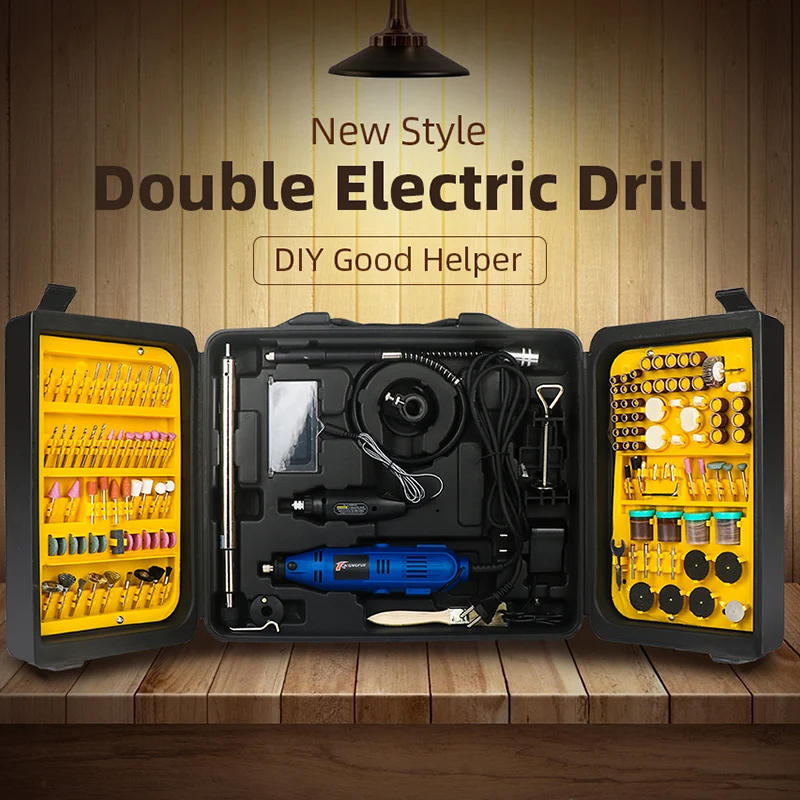 

220V Double Mini Drill Rotary Tool Set DIY Grinder 6 Speed Abrasive Polishing Machine 130W Engraver With Dremel Accessories