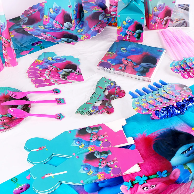 Набор одноразовой посуды с мультяшными троллями для детского дня рождения