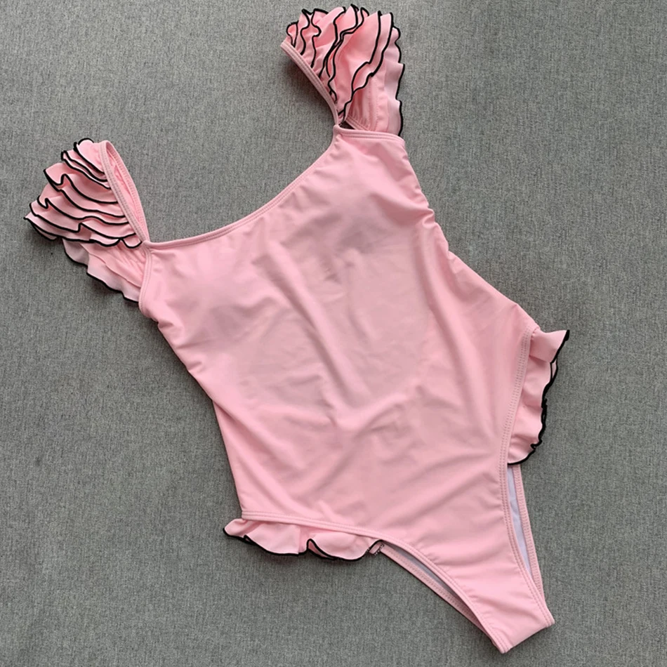Женский купальник с оборками однотонное бикини пуш ап черный розовый слитный