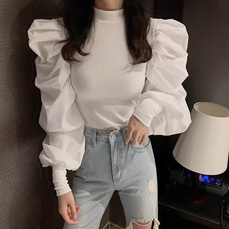 

Korean O Neck Chic Puff Long Sleeve Design Blouse Women Patchwork Knitted Slim Fit Short Blusas Autumn Spring 2021 New Shirt