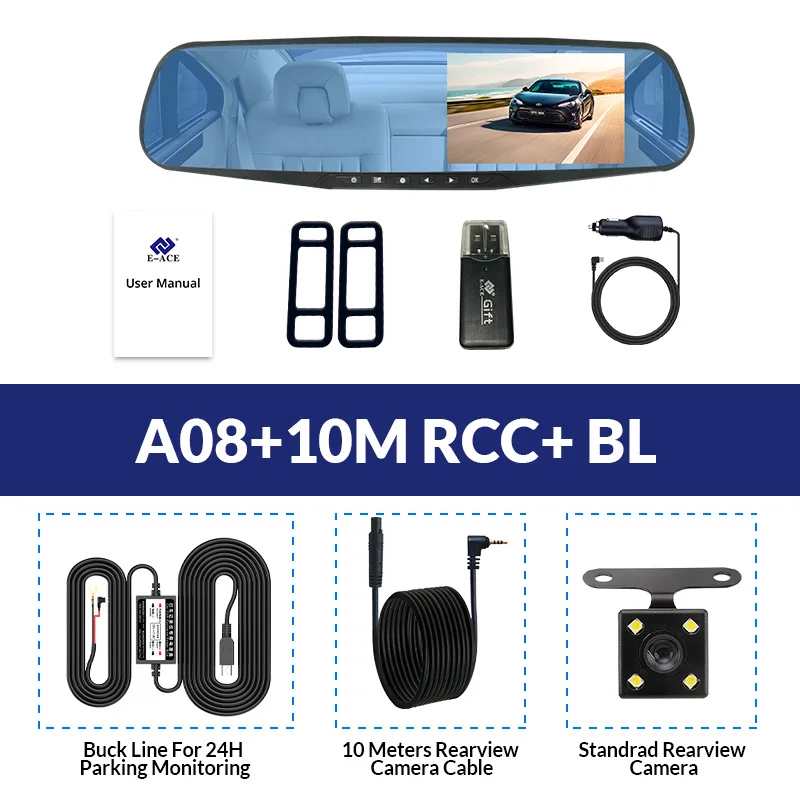 E-ACE Full HD 1080 P Автомобильный видеорегистратор Камера Авто 4.3 дюймов Зеркало заднего вида цифрового видео Регистраторы объектив registrat видеокамера - Название цвета: A08-10M RCC-BL