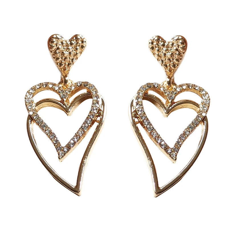 

S925 needle Heart Drop Earring Metal Alloy Golden Plating High Quality Crystal Double Love Dangle Earring For Women Jewelry Gift