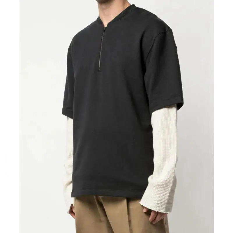 

High Street Ins Solid Color Zipper Half Sleeve Shirt Short Sleeve Men's Loose Fit T-shirt High Quality