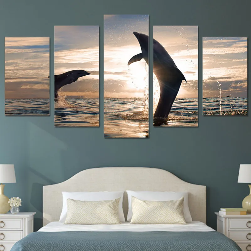 

5 Pcs Frameless Hd Printing Living Room Wall Painting Sunset Dolphin Seascape Scenery Modern Art Pictures Home Decoration Poster