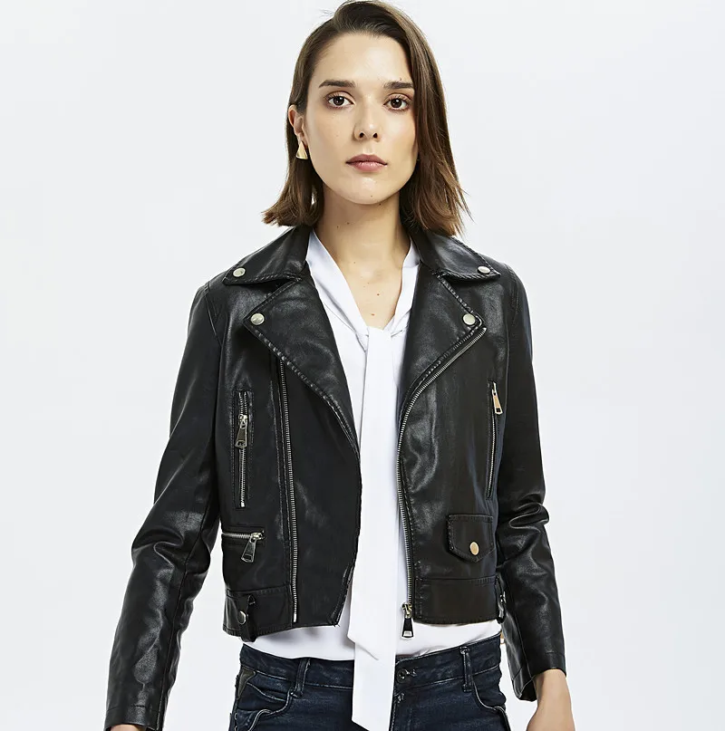 Black Pu Leather Jacket Autumn 2019 Women Red Motorcycle Coat with Sashes Short Faux Leather Biker Jacket Zipper Jacket Female