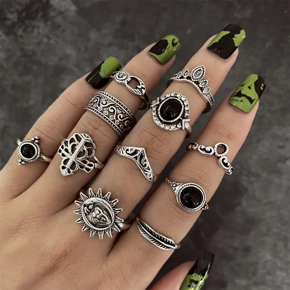 IFME Gothic Metal Geometric Hollow Joint Ring Set for Women Vintage Silver Plated Sun Leaf Finger Ring Trend Jewelry Accessories