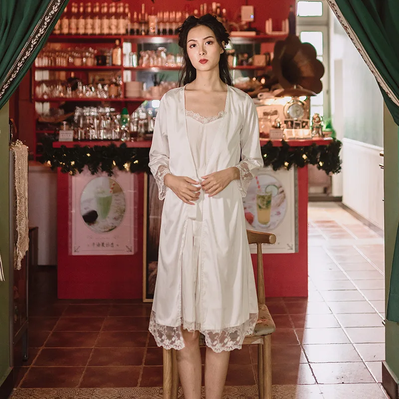 Сексуальный ледяной шелк с длинным рукавом тонкий костюм для домашнего