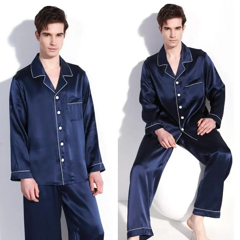 Men's 100% Real Silk Solid Colors Pajama Set Sleepwear Nightgown M L XL 3102