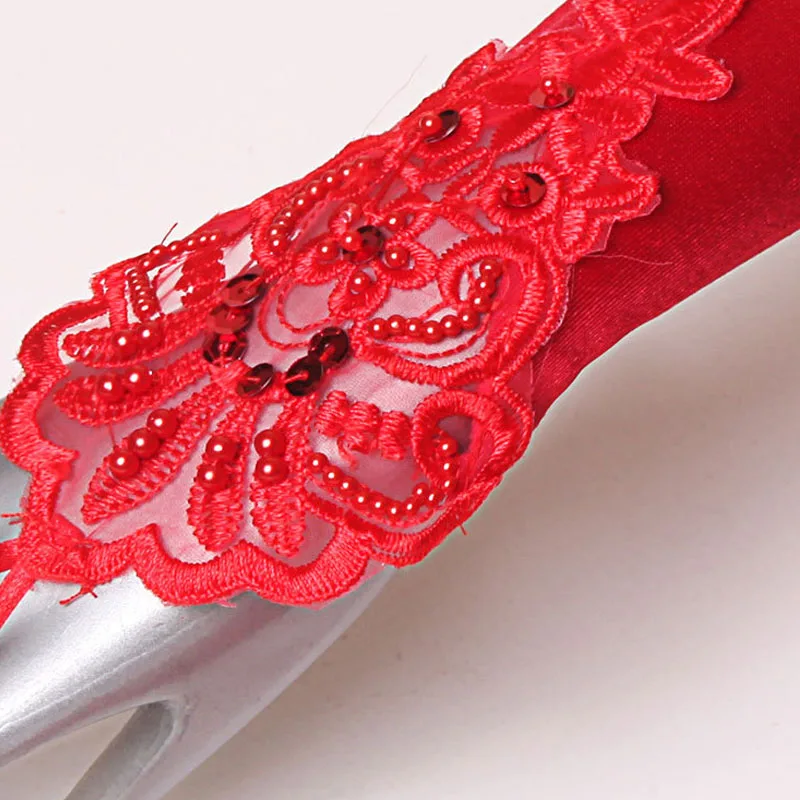 

Bridal Wedding Gloves Embroidered Creamy White Fingerless Hook Finger Lace Satin Gloves
