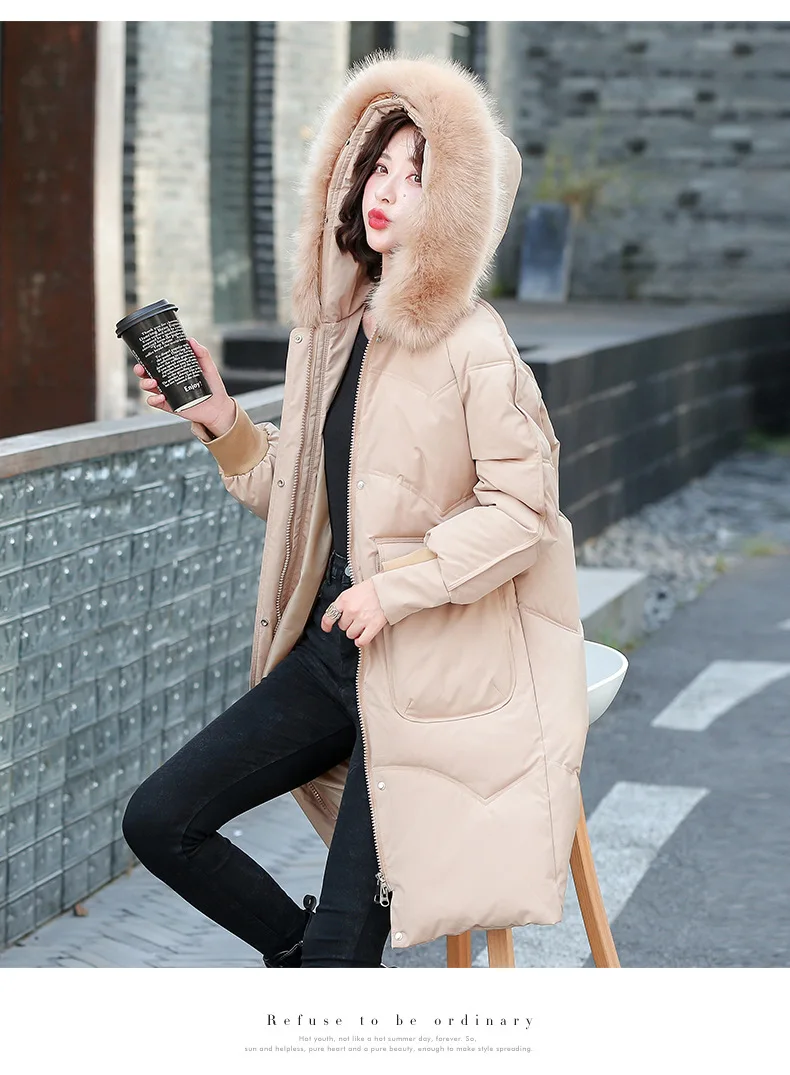 

Зимние женские куртки средней длины с подкладкой 2021, свободная повседневная пуховая куртка с меховым воротником и капюшоном, модная одежда ...