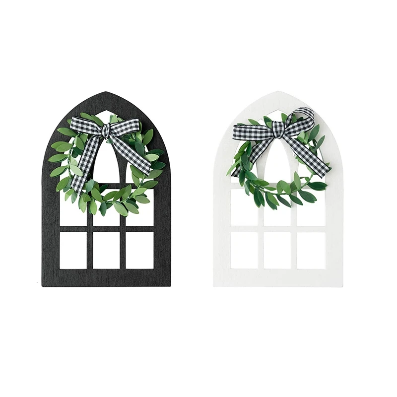 

2Pcs Wooden Farmhouse Window Tiered Tray Decoration Plaid Rustic Farmhouse Decor Cathedral Arch Window Shelf Photo Prop