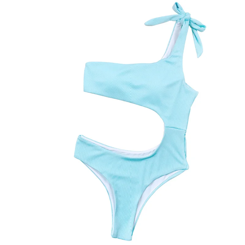 

Solid One Shouledr One-Piece Swimsuit Women Sexy Navel Lace Up Monokini 2021 Bathing Suit Swimwear