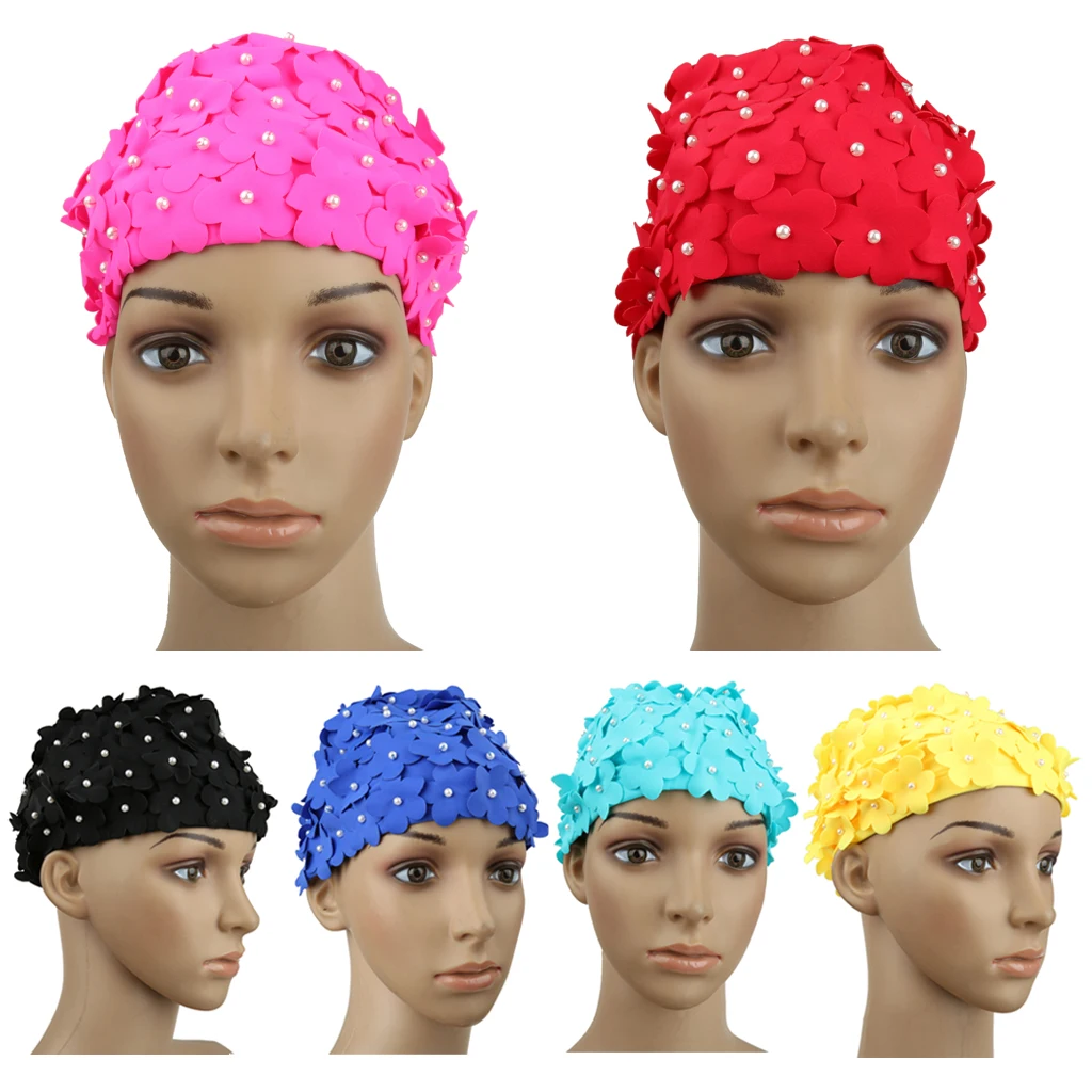 

Women Handmade Flower Petal Water Sport Pool Swimming Bathing Cap Hat Swimwear