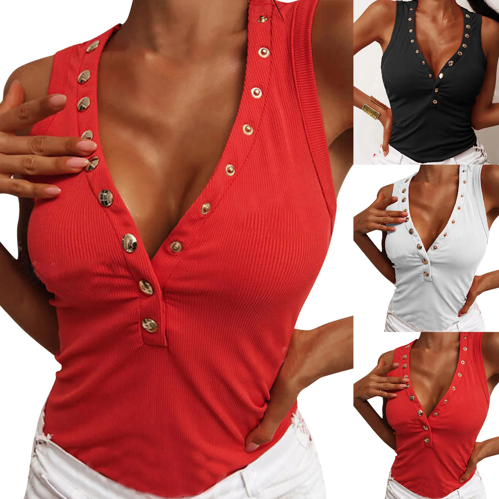 

2021 Harajuku Women's T-Shirt Summer V-neck Casual All-match T-shirt Tight Top Button Neckline Sleeveless Honey Top Ropa Mujer