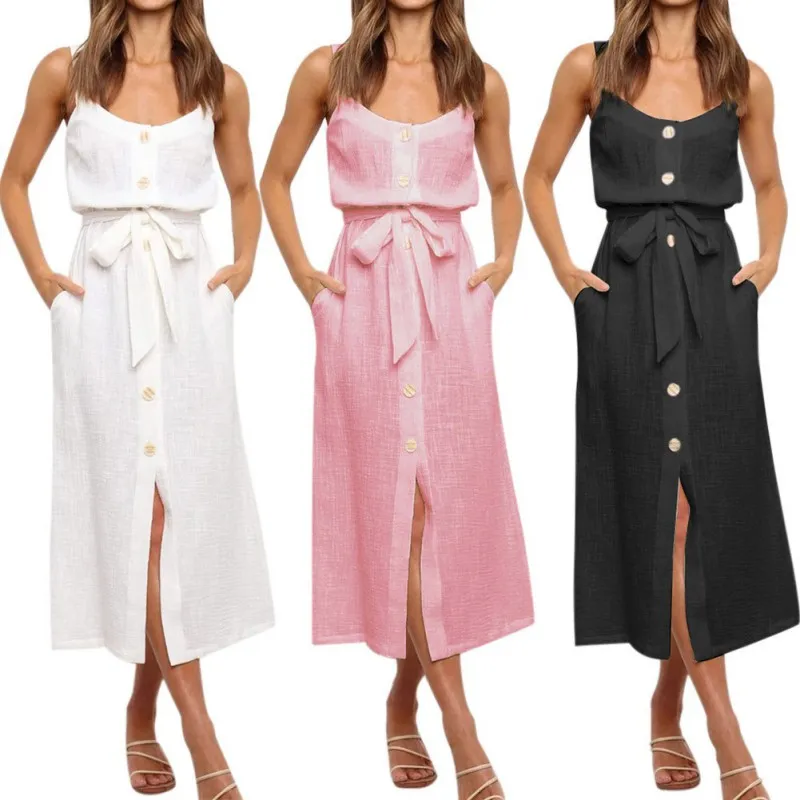 

2021 New Women's Summer Casual Button Split Foam Crepe Bandage Dress