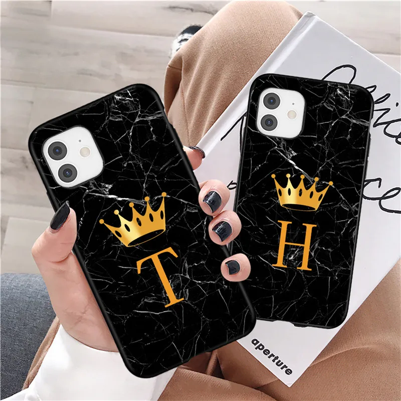Soft Silicone Black Marble Crown Letter Fashion Phone Case For iPhone 11 12 Pro Max 12 Mini Shockproof Case Soft TPU Back Cover