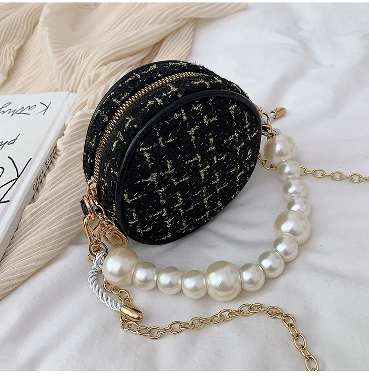 bolsos модные женские сумки-почтальон, круглая сумка на плечо, дизайнерская сумка через плечо, твидовые сумки для женщин, жемчужное колье, сумка