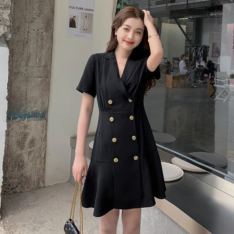 

Casual Fashion Summer Work Office Lady Suit Collar Dress Slim A-Line Double Breasted Short Sleeve Elegant Female Mini Dress
