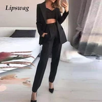 fashion spring summer women three piece sets elegant long sleeve blazer bra pocket long pants outfits solid office lady suits