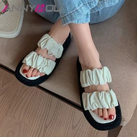 annymoli slippers shoes women real leather sandals flat platform slides square toe sheepskin ladies footwear summer black 2021