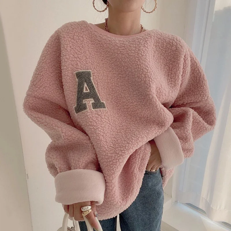 

Korean Hoodies Chic Autumn Lazy Wind Round Neck Embroidered Letter Cover Loose Solid Color Long Sleeve Lamb Wool Warm Sweater