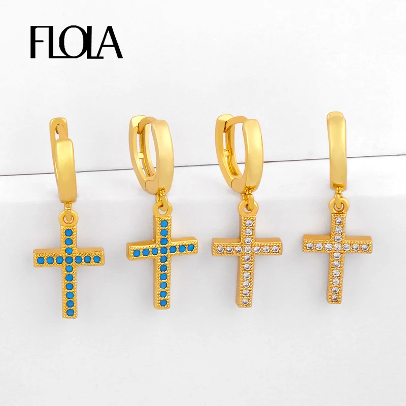 Женские золотые серьги капли с крестиком FLOLA маленькие кристаллом из фианита
