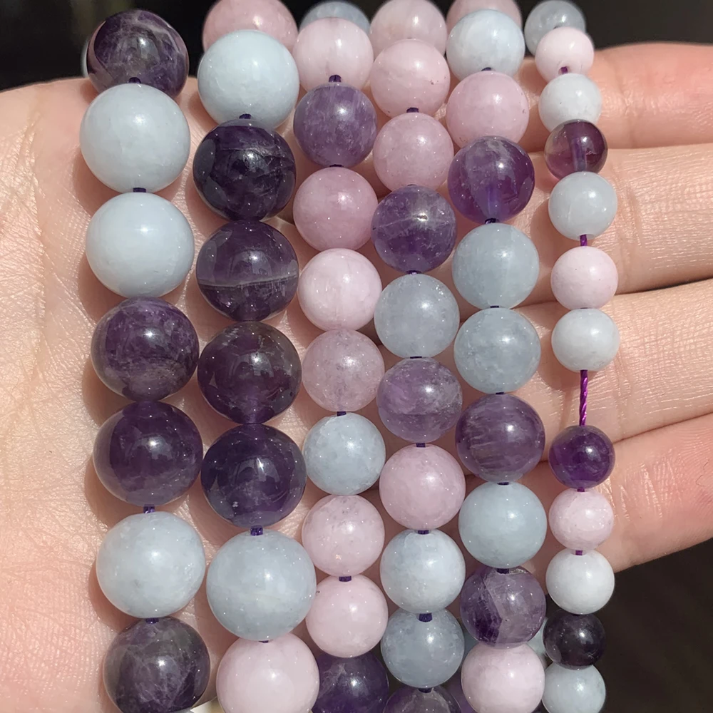 Бусины из натурального камня aqamarine, кунцит, аметист, 6, 8, 10 мм, Круглые, незакрепленные бусины для браслета для самостоятельного изготовления ювелирных изделий, 15 дюймов