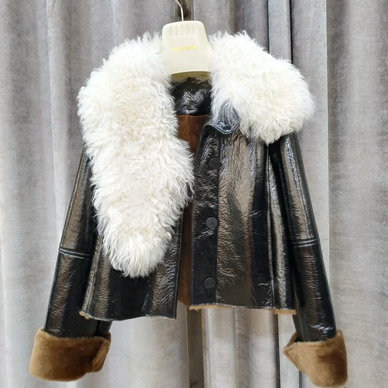 

SHZQ New Luxury Winter Women's Sheepskin Leather Coat with Fur Collar Real Lamb Fur Collar Female Warm High Quality Outwear
