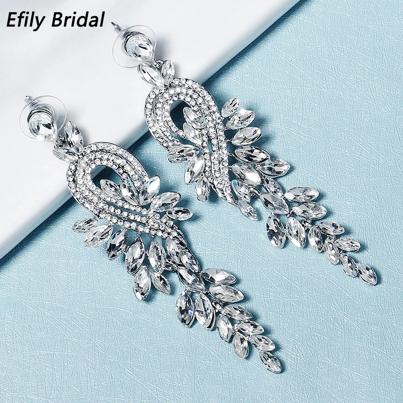 

Efily Fashion Crystal Drop Earrings for Women Accessories Rhinestone Silver Color Bridal Wedding Earring Party Jewelry Gifts