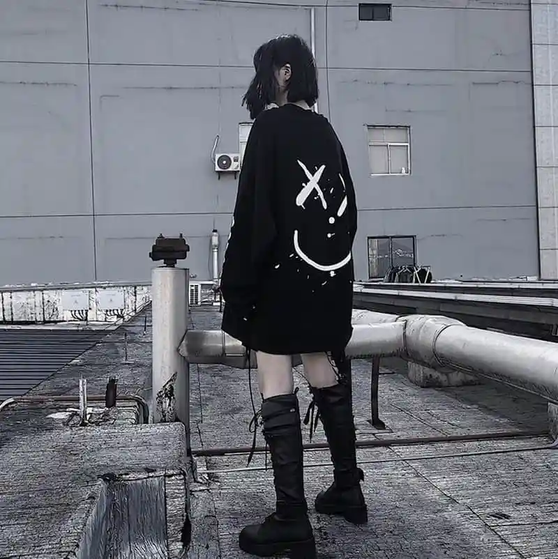 gothic sweatshirt Women korean oversized long sleeve t shirt hip hop punk streetwear girls tees Black Loose Long Sleeve T Shirt | Женская