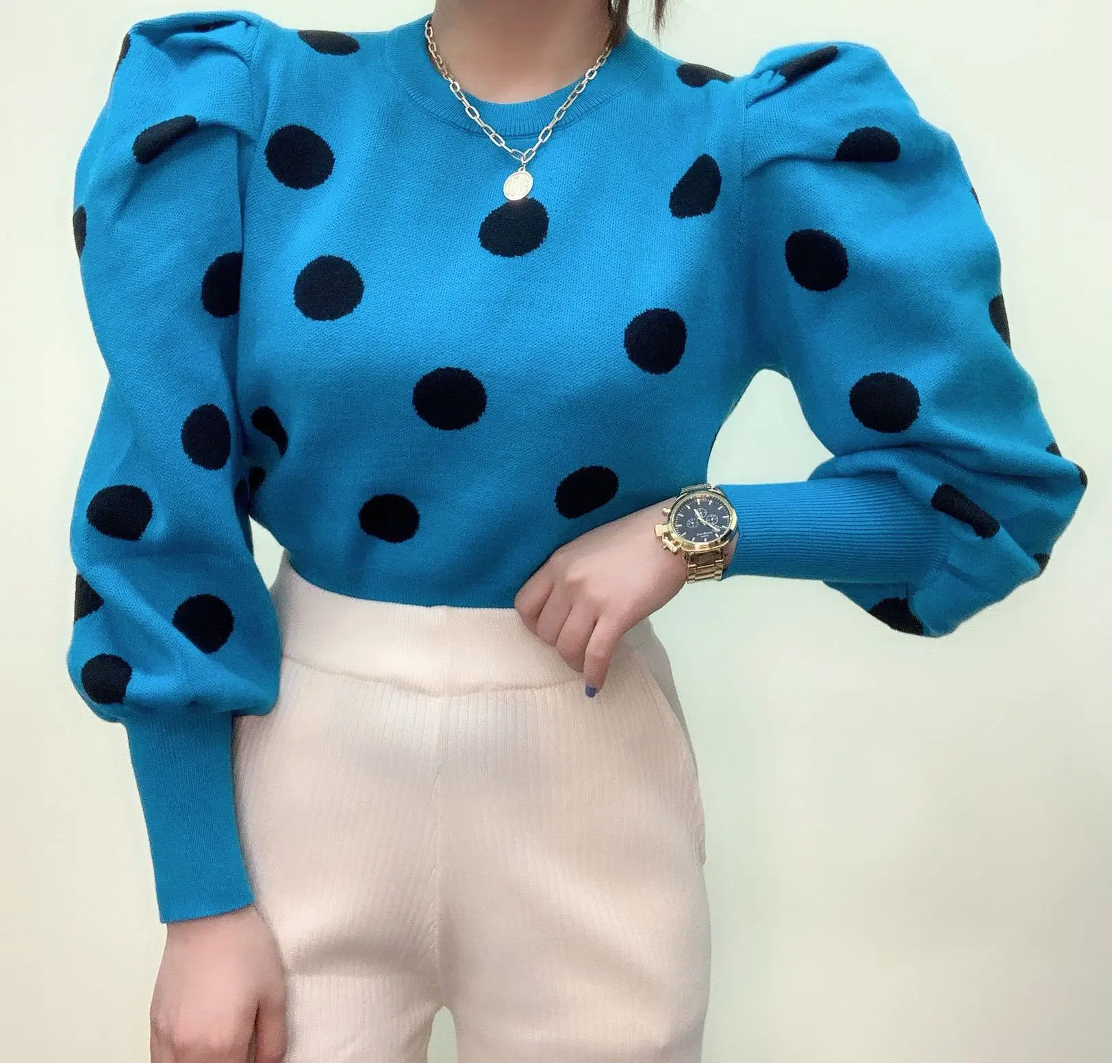 Зима 2020 укороченные топы с пышными рукавами Женский винтажный вязаный свитер в