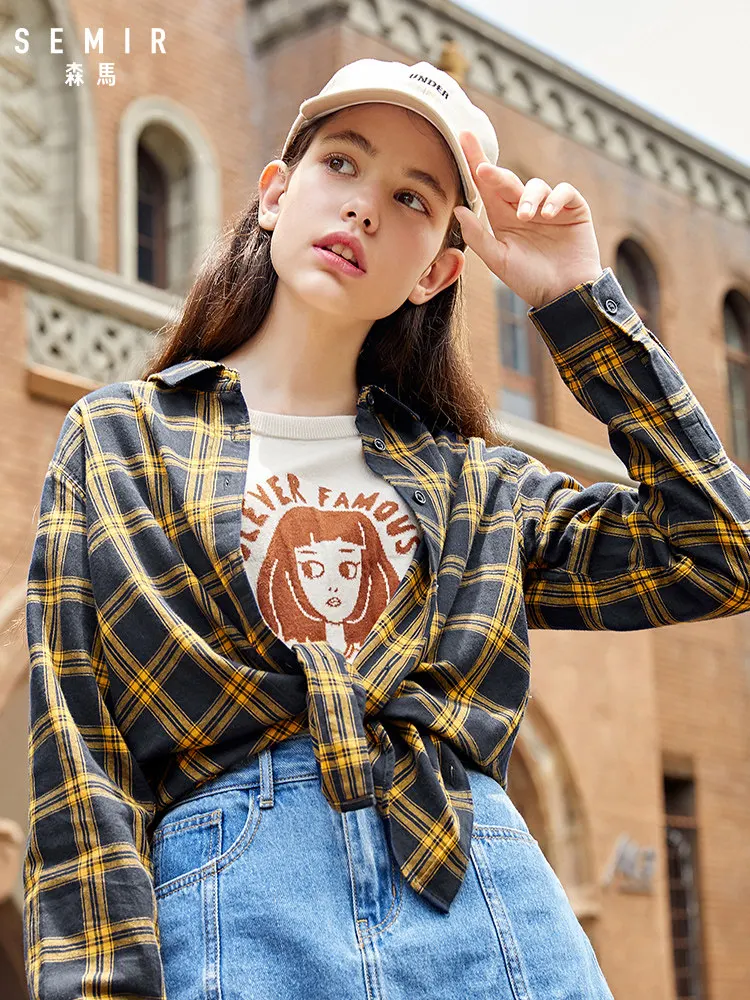 SEMIR Для женщин блузка 100% хлопковые обычной посадки Рубашки в клетку с воротником