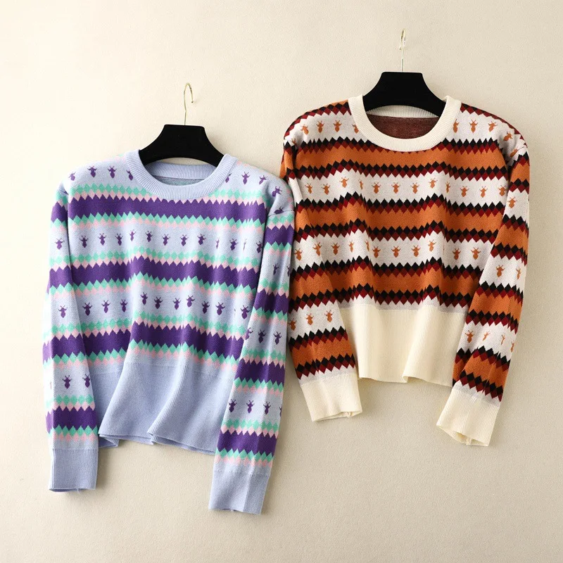 

Осенне-зимний теплый уличный свитер yраз в Корейском стиле, женские вязаные пуловеры в стиле ретро с принтом, повседневные свободные топы с ...