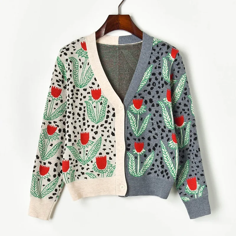 Жаккардовый вязаный свитер кардиган 2019 осенний лоскутный однобортный Кардиган с