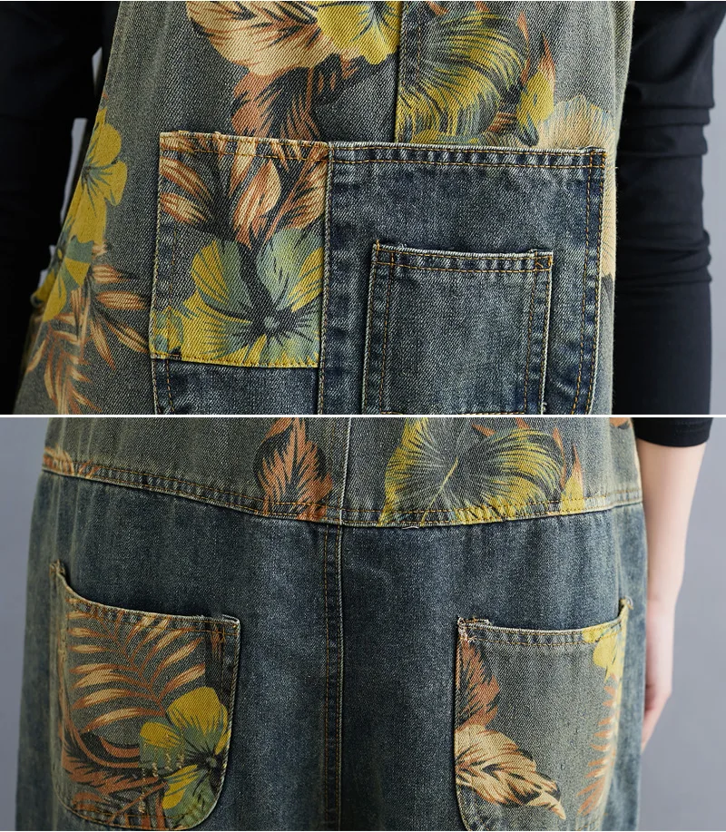 

2021 Plus Size Spring All-Match Denim Jumpsuit Long Pants Loose Botanical Floral Printed Pocket Romper Strap Jean Overalls
