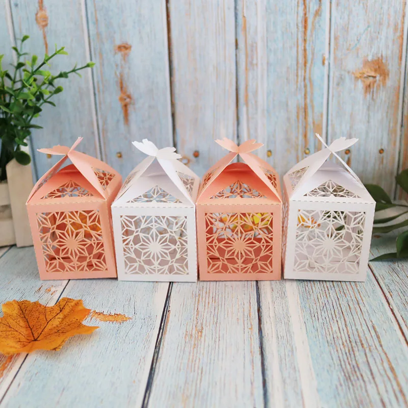 10 шт./лот жемчужная бумажная коробка для свадьбы лазерная резка розовая/белая