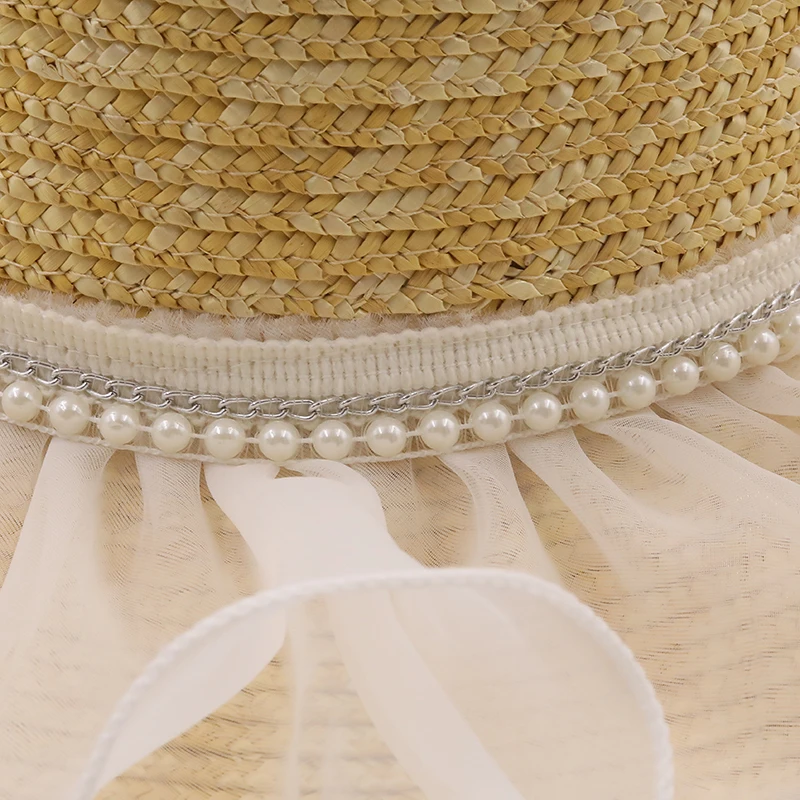 Новая женская соломенная шляпа из натуральной пшеницы кружевная жемчужная лента