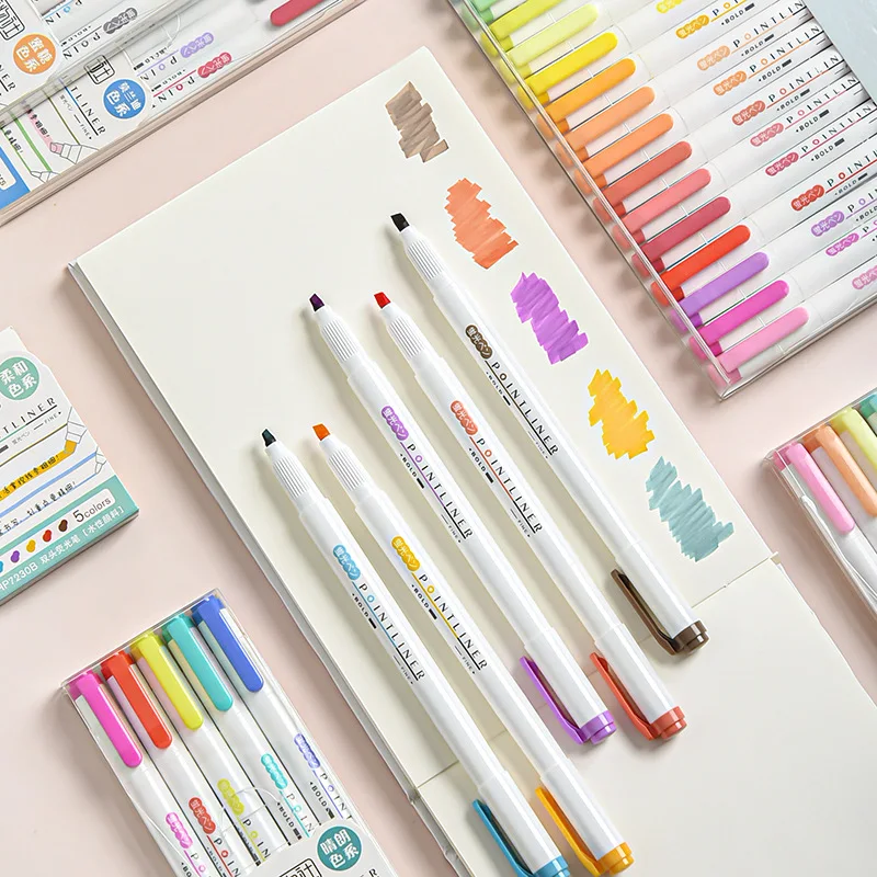 

5pcs/set Colorful Double Heads Pen Highlighter Fluorescent Marker Candy Color Student Multicolor Hand Note Pen For School Poster