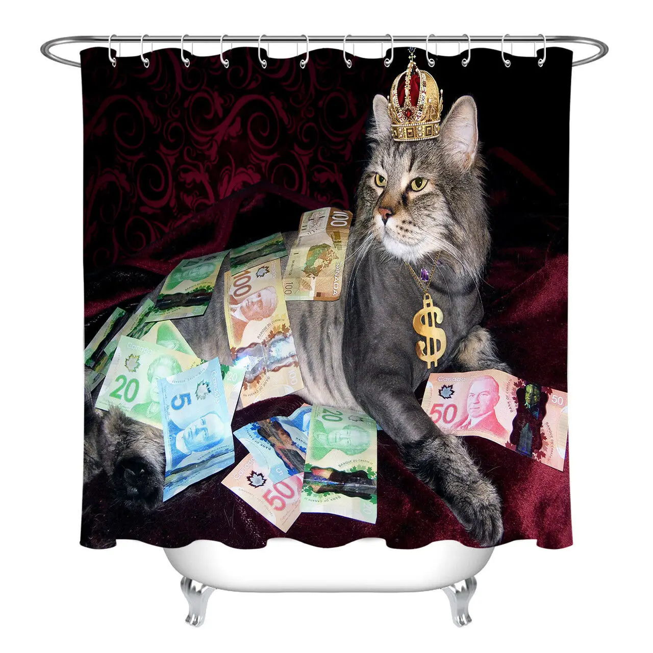 

Кошка с короной банкноты 100% полиэстер ткань Душ занавес набор Крючки для ванной комнаты