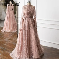 muslim pink evening dress elegant long sleeve lace beaded diamonds party dress formal evening gown for woman vestidos de novia