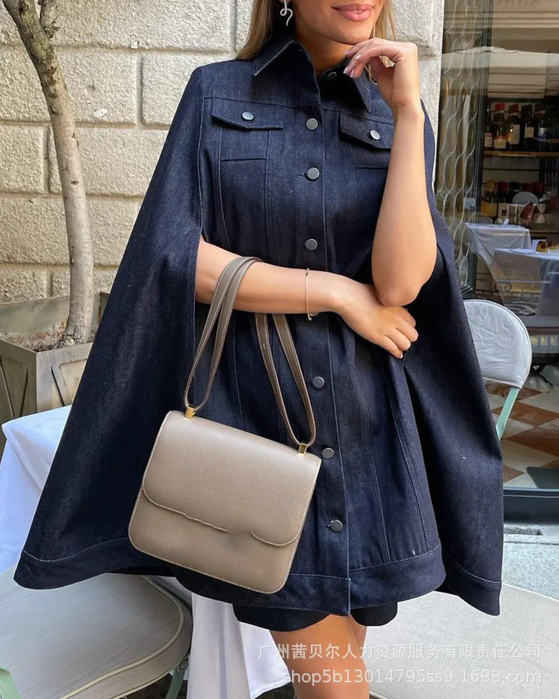

2021 European and American women's new style black denim loose cloak coat