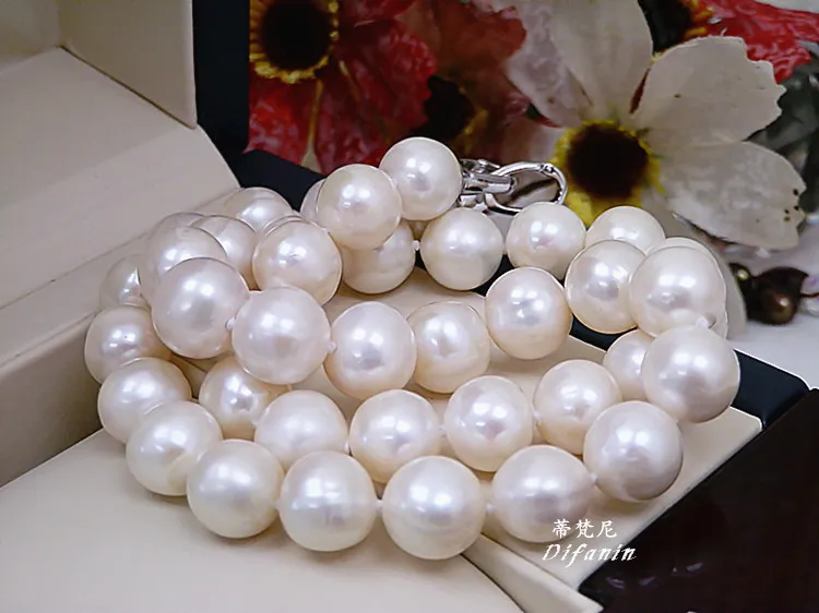 

100% Genuine 11-12MM genuine natural freshwater pearl necklace round, send mom special gift 925 Silver clasp 18inch